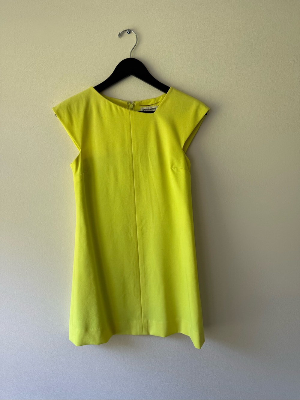 Saint Laurent Neon Yellow 60’ Style Cap Sleeve Wool Mini Dress. Size French 36